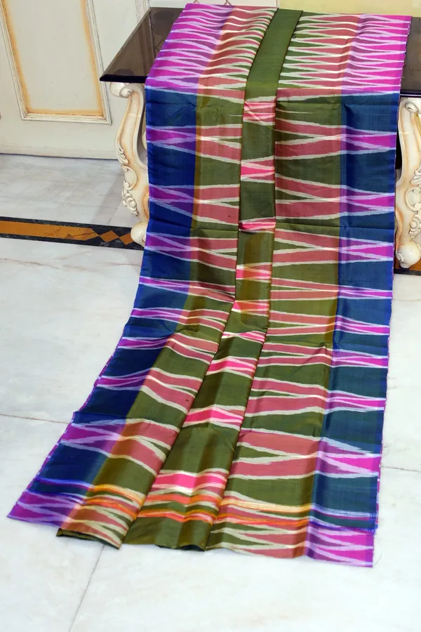 Bishnupuri_Double_Ikkat_Pure_Silk_Saree_In_Military_Green_Blue_Jay_Raspberry_Pink_And_Off_White