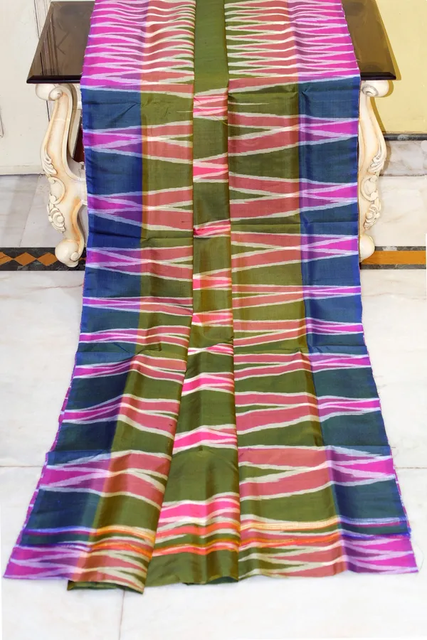 Bishnupuri_Double_Ikkat_Pure_Silk_Saree_In_Military_Green_Blue_Jay_Raspberry_Pink_And_Off_White