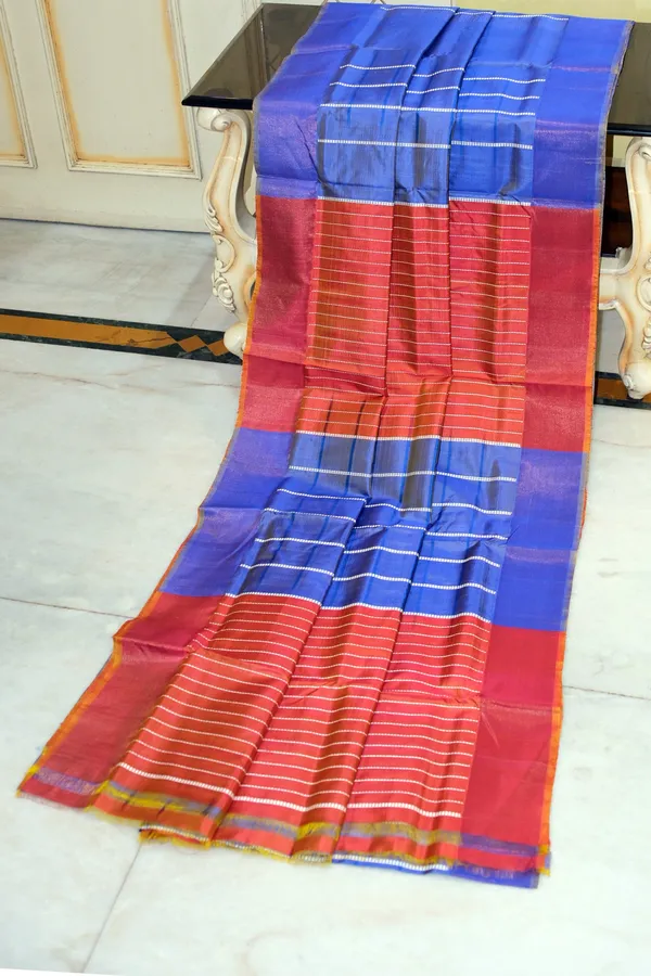 Hand_Woven_Bishnupuri_Checks_Katan_Silk_Saree_In_Sapphire_Blue_Bean_Red_And_Off_White
