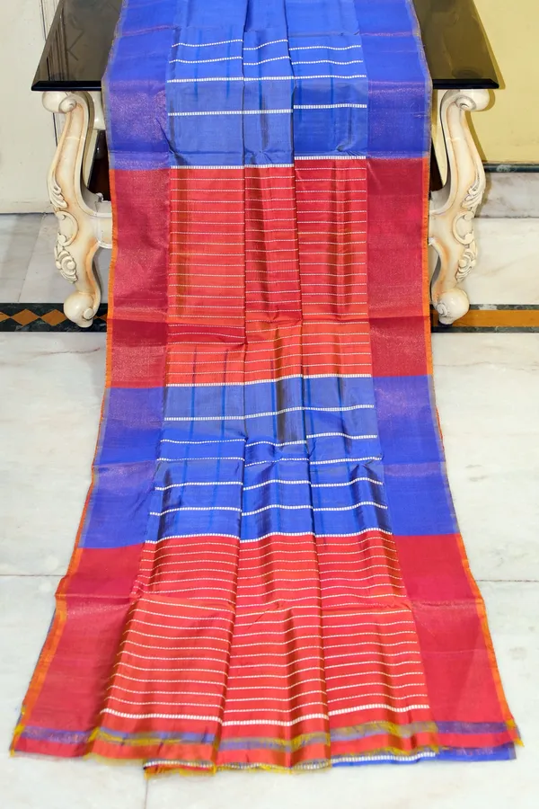 Hand_Woven_Bishnupuri_Checks_Katan_Silk_Saree_In_Sapphire_Blue_Bean_Red_And_Off_White