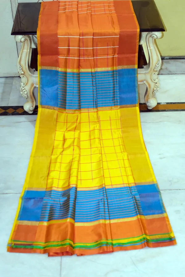 Hand_Woven_Bishnupuri_Checks_Katan_Silk_Saree_In_Burning_Orange_Nice_Blue_Bright_Yellow_And_Off_White