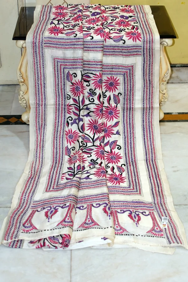 Premium_Quality_Hand_Embroidery_Kantha_Work_On_Pure_Gachi_Tussar_Saree_In_Light_Beige_Deep_Carmine_Purple_And_Black