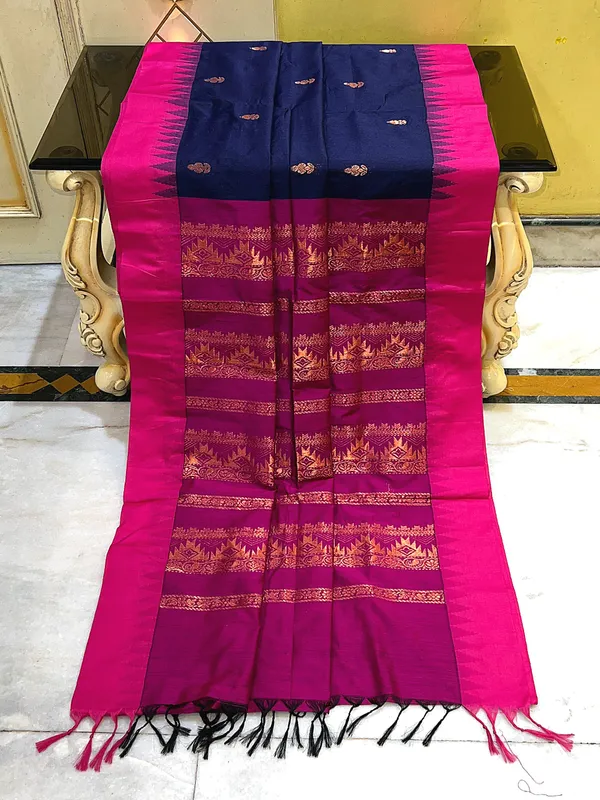 Soft_South_Cotton_Borderless_Pencil_Temple_Motifs_Gadwal_Saree_In_Midnight_Blue_And_Hot_Pink