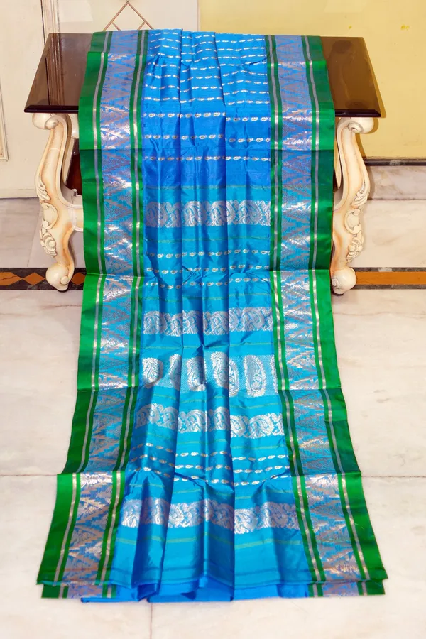 Bishnupuri_Open_Border_Crowned_Temple_Nakshi_Motif_Work_With_Paisley_Meenakari_Hazar_Butta_Pure_Katan_Silk_Saree_In_Water_Blue_Irish_Green_And_Matt_Gold