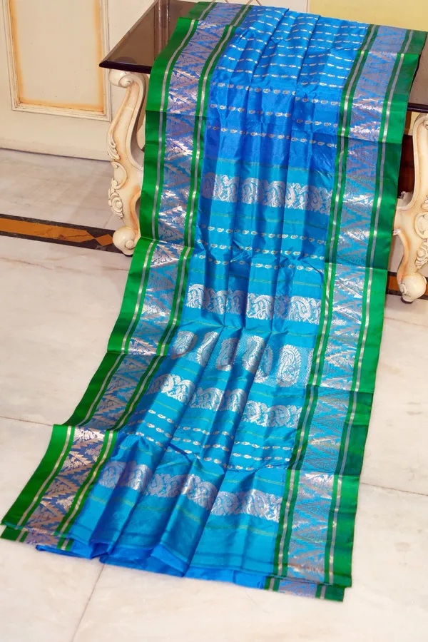 Bishnupuri_Open_Border_Crowned_Temple_Nakshi_Motif_Work_With_Paisley_Meenakari_Hazar_Butta_Pure_Katan_Silk_Saree_In_Water_Blue_Irish_Green_And_Matt_Gold