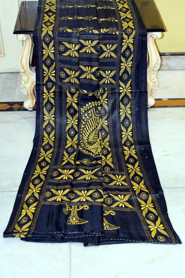Hand_Embroidery_Kantha_Stitch_Work_Blended_Silk_Saree_In_Black_And_Yellow
