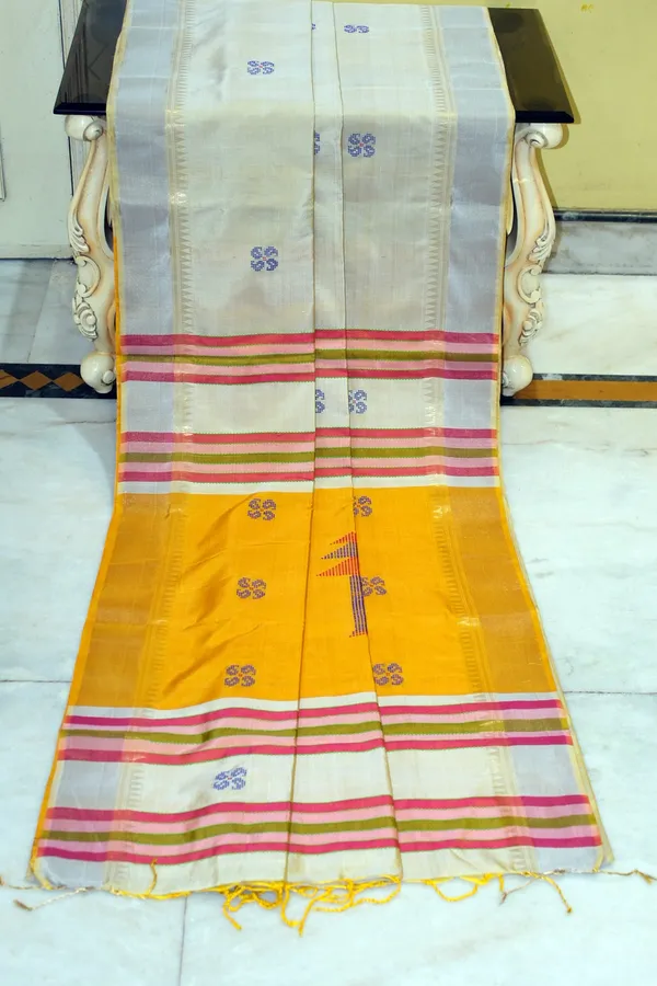 Hand_Woven_Bishnupuri_Kalakshetra_Katan_Silk_Saree_In_Platinum_White_Navy_Blue_Red_And_Honey_Yellow