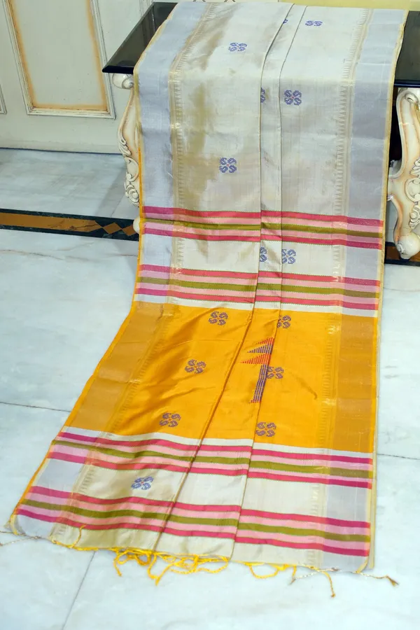 Hand_Woven_Bishnupuri_Kalakshetra_Katan_Silk_Saree_In_Platinum_White_Navy_Blue_Red_And_Honey_Yellow