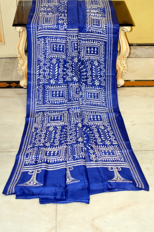 Hand_Embroidery_Nakshi_Kantha_Stitch_Work_Blended_Bangalore_Silk_Saree_In_Lapis_Blue_And_Off_White_Thread_Work