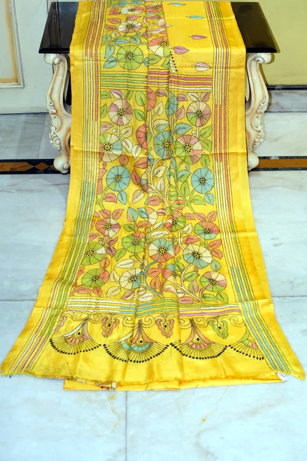 Hand_Embroidery_Nakshi_Kantha_Stitch_Work_Blended_Bangalore_Silk_Saree_In_Yellow_Black_And_Multicolor_Thread_Work