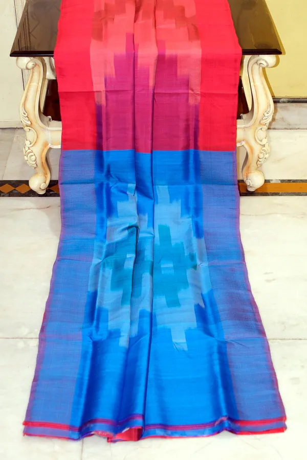 Bishnupuri_Pochampally_Ikkat_Silk_Saree_In_Bean_Red_Dark_Raspberry_And_French_Blue