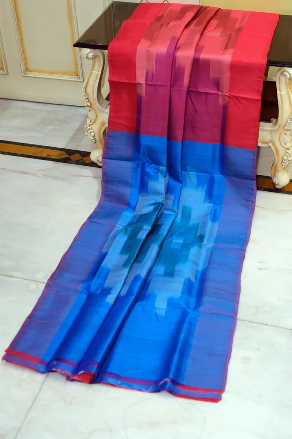Bishnupuri_Pochampally_Ikkat_Silk_Saree_In_Bean_Red_Dark_Raspberry_And_French_Blue