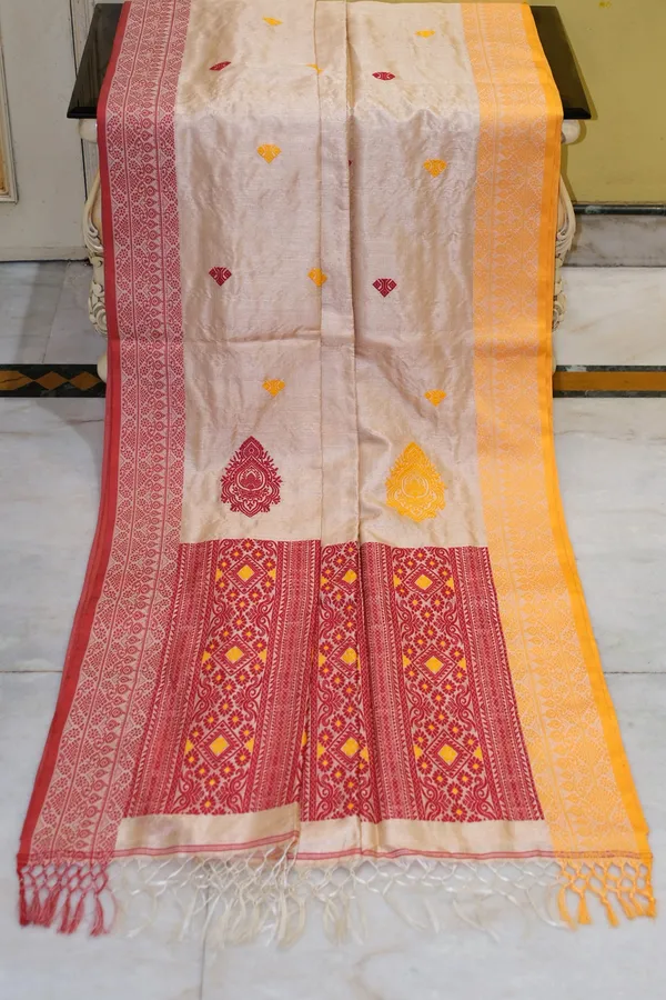 Premium_Quality_Ganga_Jamuna_Border_Assamese_Nakshi_Motif_Inspired_Hand_Woven_Work_On_Tussar_Silk_Saree_In_Warm_Beige_Golden_Yellow_And_Red