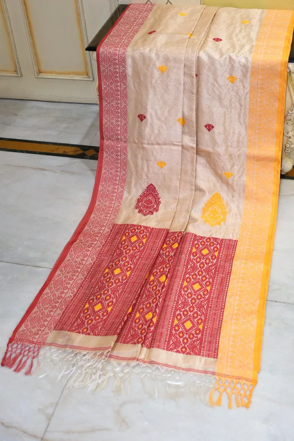 Premium_Quality_Ganga_Jamuna_Border_Assamese_Nakshi_Motif_Inspired_Hand_Woven_Work_On_Tussar_Silk_Saree_In_Warm_Beige_Golden_Yellow_And_Red
