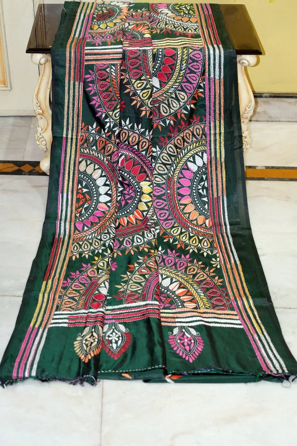 Hand_Embroidery_Blended_Silk_Kantha_Work_Saree_In_Phthalo_Green_Off_White_And_Multicolor_Thread_Work