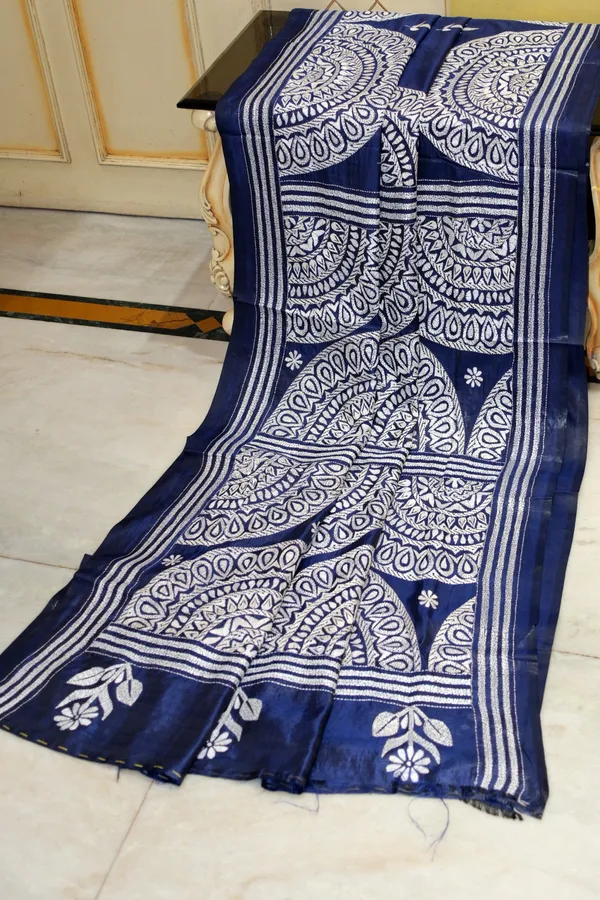 Hand_Embroidery_Blended_Silk_Kantha_Work_Saree_In_Cloud_Burst_Blue_And_Off_White_Thread_Work