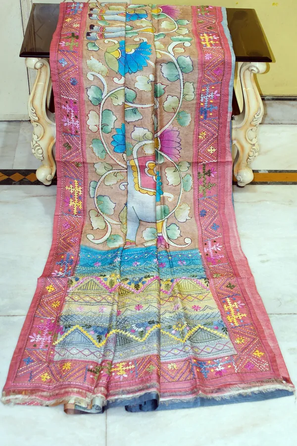 Premium_Quality_Tussar_Kalamkari_Silk_Saree_With_Hand_Kantha_And_Lambani_Work_In_Earthy_Brown_Brick_Red_And_Multicolor