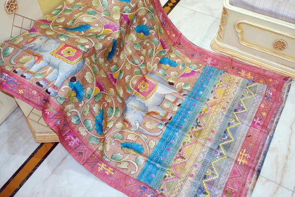 Premium_Quality_Tussar_Kalamkari_Silk_Saree_With_Hand_Kantha_And_Lambani_Work_In_Earthy_Brown_Brick_Red_And_Multicolor