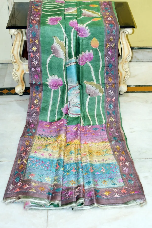 Premium_Quality_Tussar_Kalamkari_Silk_Saree_With_Hand_Kantha_And_Lambani_Work_In_Forest_Green_Purplish_Grey_And_Multicolor
