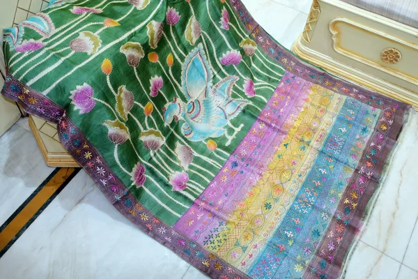 Premium_Quality_Tussar_Kalamkari_Silk_Saree_With_Hand_Kantha_And_Lambani_Work_In_Forest_Green_Purplish_Grey_And_Multicolor