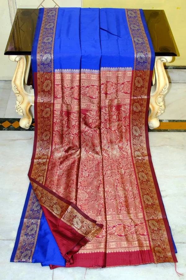 Pashmina_Thread_Work_Gadwal_Silk_Saree_In_Royal_Blue_Bright_Maroon_And_Beige