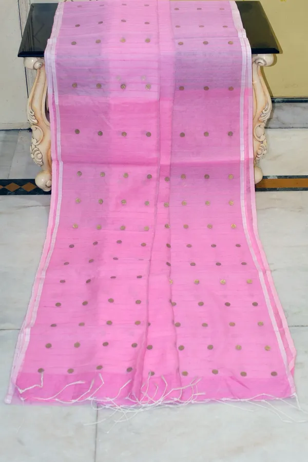 Designer_Woven_Antique_Ginni_Work_Skirt_Border_Muslin_Matka_Silk_Saree_In_Pink_Pearl_And_Antique_Gold