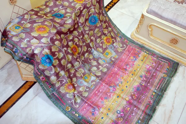 Premium_Quality_Tussar_Kalamkari_Silk_Saree_With_Hand_Kantha_And_Lambani_Work_In_Viola_Purple_Jade_Green_And_Multicolor