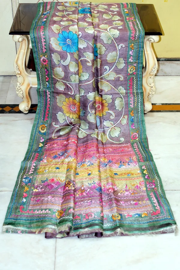 Premium_Quality_Tussar_Kalamkari_Silk_Saree_With_Hand_Kantha_And_Lambani_Work_In_Viola_Purple_Jade_Green_And_Multicolor