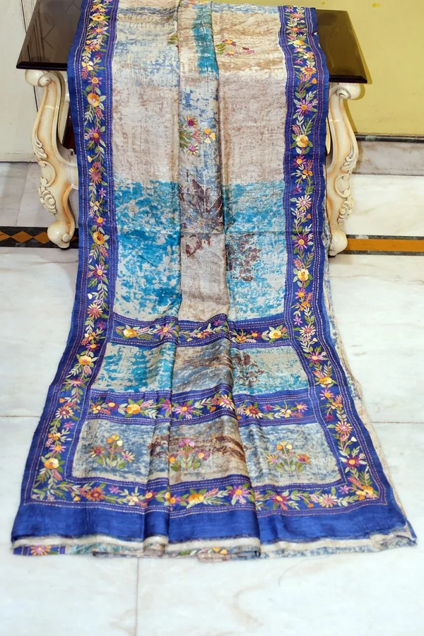 Premium_Quality_Tussar_Shibori_Silk_Saree_With_Hand_Kantha_And_Gara_Parsi_Work_In_Beige_Celestial_Blue_Cobalt_Blue_And_Multicolor