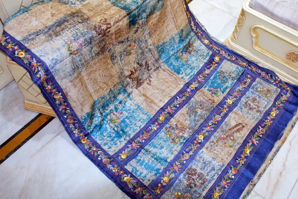 Premium_Quality_Tussar_Shibori_Silk_Saree_With_Hand_Kantha_And_Gara_Parsi_Work_In_Beige_Celestial_Blue_Cobalt_Blue_And_Multicolor