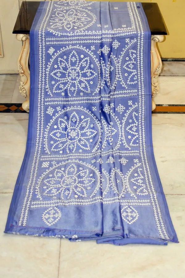 Hand_Embroidery_Kutch_Work_Blended_Bangalore_Silk_Saree_In_Slate_Blue_And_Off_White_Thread_Work