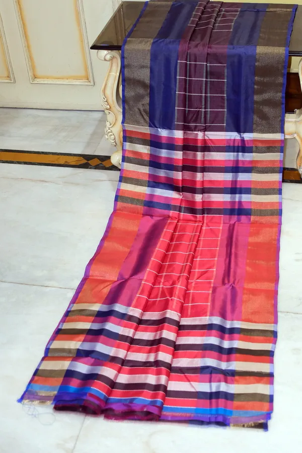 Hand_Woven_Bishnupuri_Checks_Katan_Silk_Saree_In_Midnight_Blue_Maroon_Off_White_And_Red