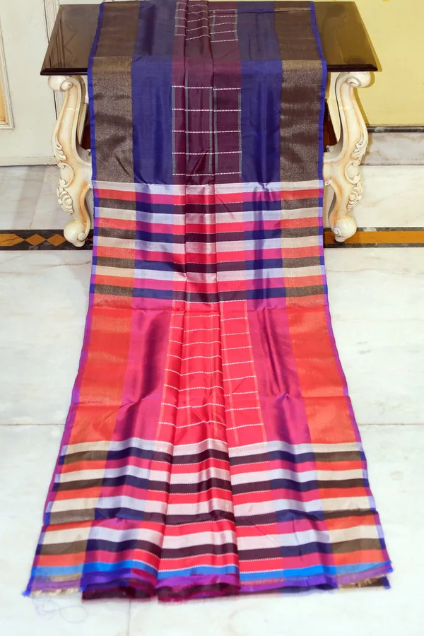 Hand_Woven_Bishnupuri_Checks_Katan_Silk_Saree_In_Midnight_Blue_Maroon_Off_White_And_Red