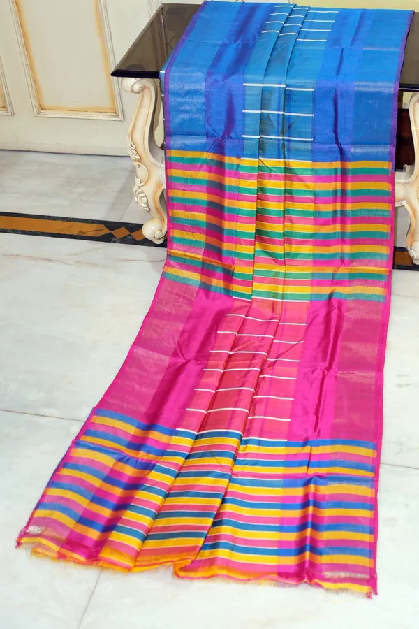 Hand_Woven_Bishnupuri_Checks_Katan_Silk_Saree_In_Cerulean_Blue_Mustard_Golden_Hot_Pink_Off_White_And_Green