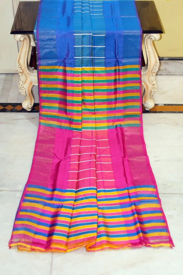 Hand_Woven_Bishnupuri_Checks_Katan_Silk_Saree_In_Cerulean_Blue_Mustard_Golden_Hot_Pink_Off_White_And_Green