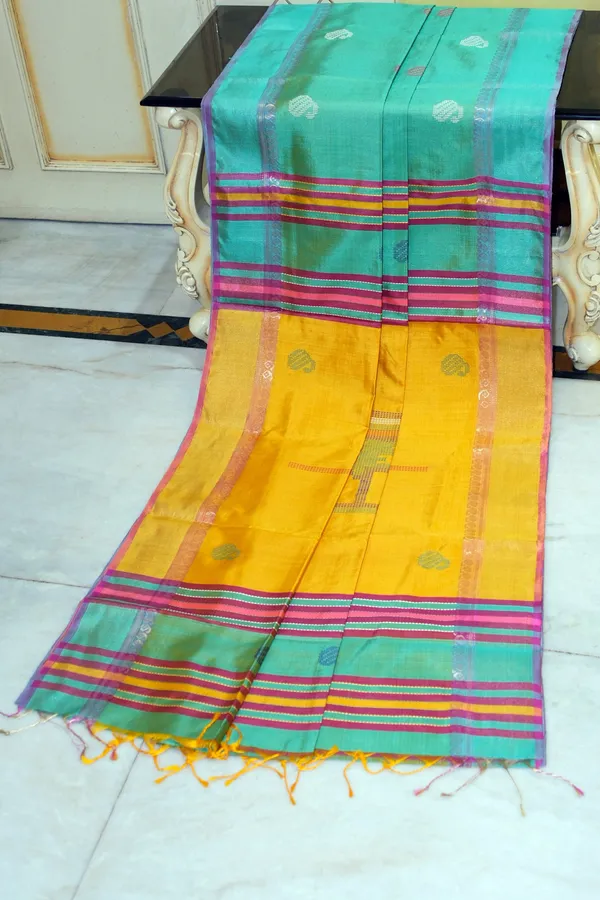 Hand_Woven_Bishnupuri_Kalakshetra_Katan_Silk_Saree_In_Medium_Turquoise_Bee_Yellow_Off_White_And_Purple