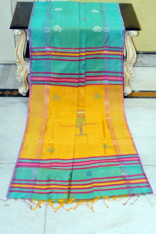 Hand_Woven_Bishnupuri_Kalakshetra_Katan_Silk_Saree_In_Medium_Turquoise_Bee_Yellow_Off_White_And_Purple