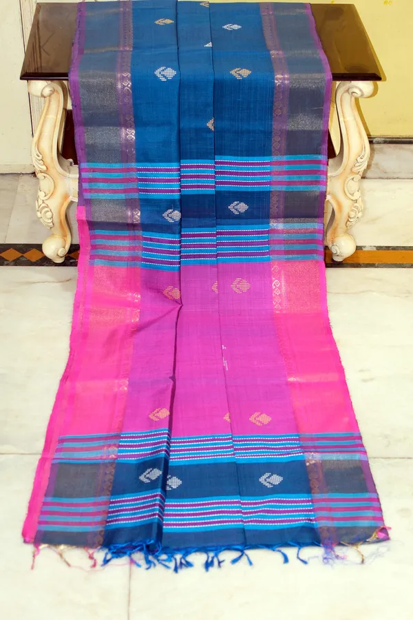 Hand_Woven_Bishnupuri_Kalakshetra_Katan_Silk_Saree_In_Dusky_Blue_Purplish_Pink_Off_White_And_Parmesan