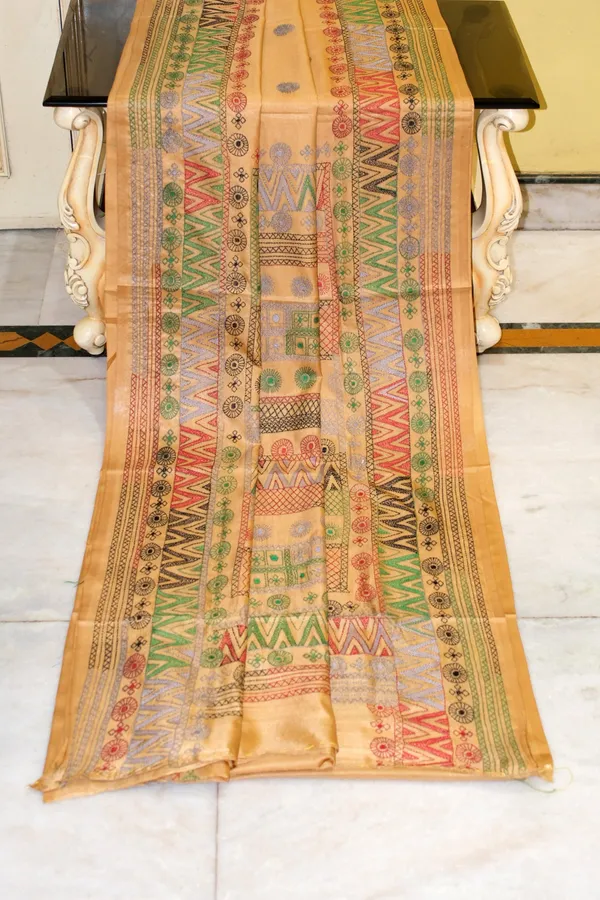Hand_Embroidery_Lambani_Stitch_Work_Blended_Silk_Saree_In_Parmesan_Green_And_Multicolor