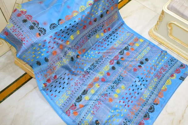 Hand_Embroidery_Lambani_Stitch_Work_Blended_Silk_Saree_In_Glacier_Blue_Orange_And_Multicolor