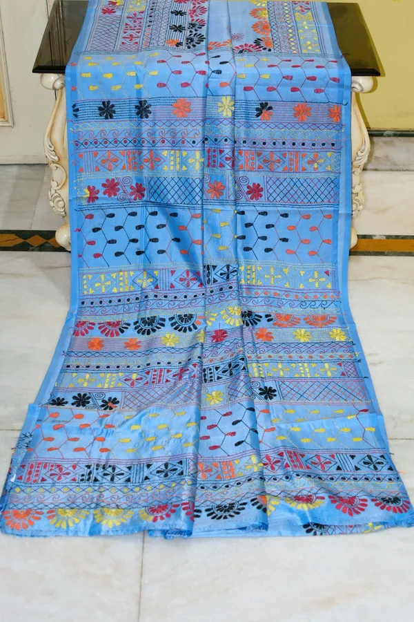Hand_Embroidery_Lambani_Stitch_Work_Blended_Silk_Saree_In_Glacier_Blue_Orange_And_Multicolor