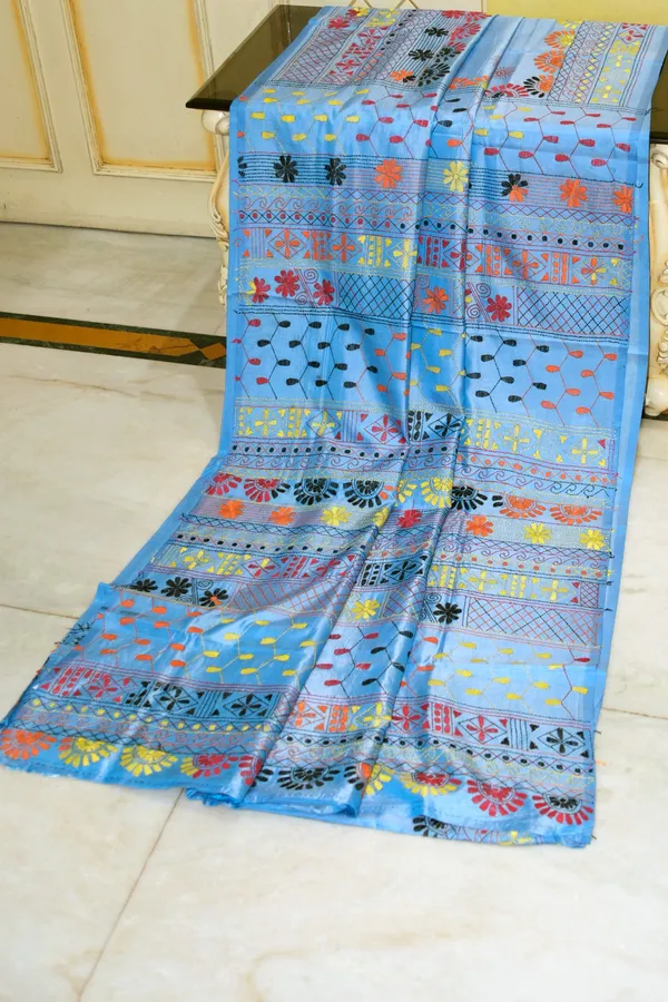 Hand_Embroidery_Lambani_Stitch_Work_Blended_Silk_Saree_In_Glacier_Blue_Orange_And_Multicolor