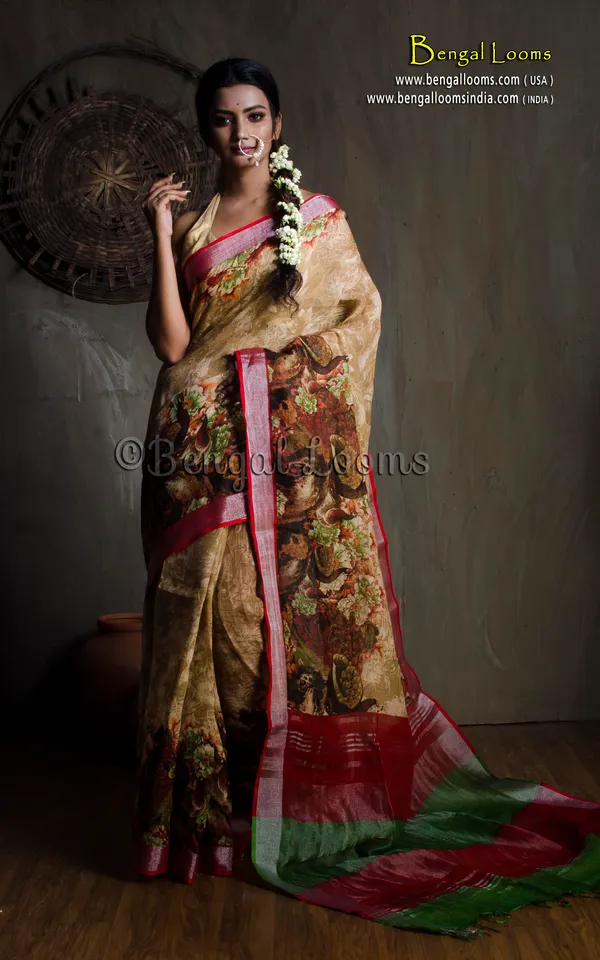Hand_Woven_Soft_Digital_Printed_High_Quality_Linen_Saree_In_Beige_And_Maroon