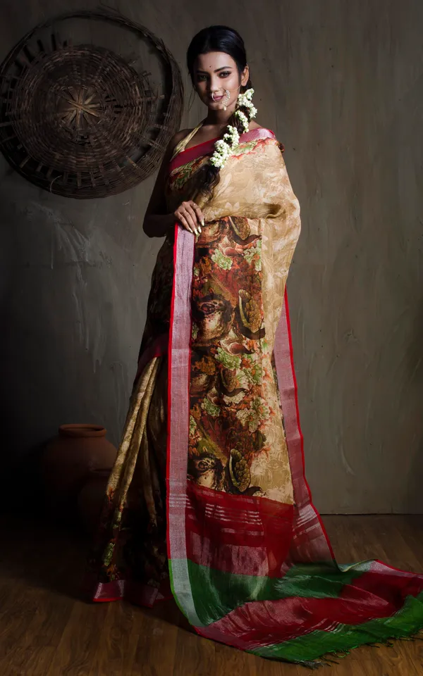 Hand_Woven_Soft_Digital_Printed_High_Quality_Linen_Saree_In_Beige_And_Maroon