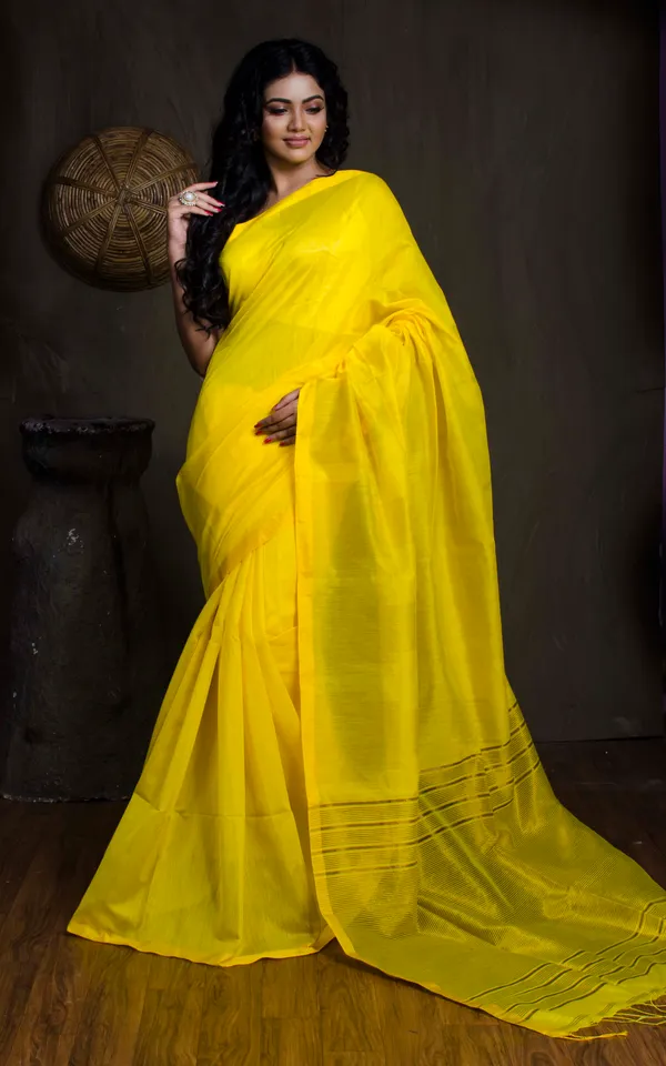 Hand_Woven_Crowned_Temple_Border_Soft_Cotton_Kanjivaram_Saree_In_Bright_Yellow