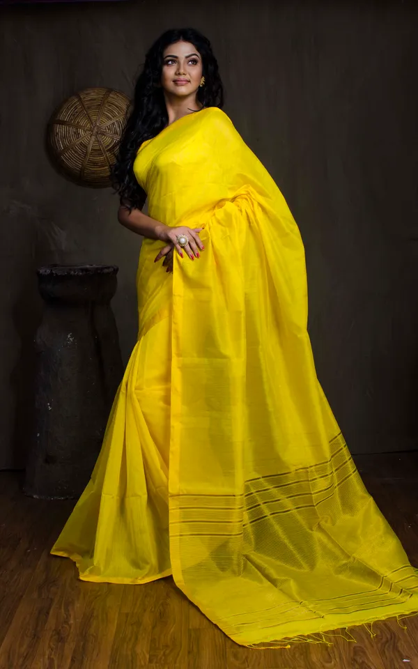 Hand_Woven_Crowned_Temple_Border_Soft_Cotton_Kanjivaram_Saree_In_Bright_Yellow