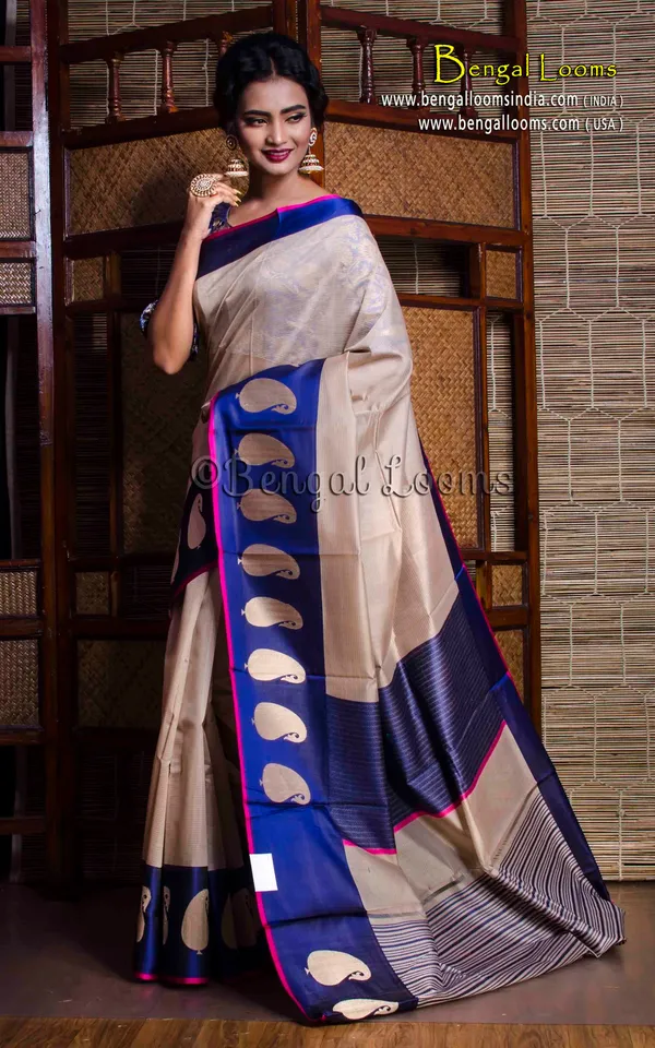 Cotton_Silk_Banarasi_Saree_With_Satin_Border_In_Beige_And_Blue