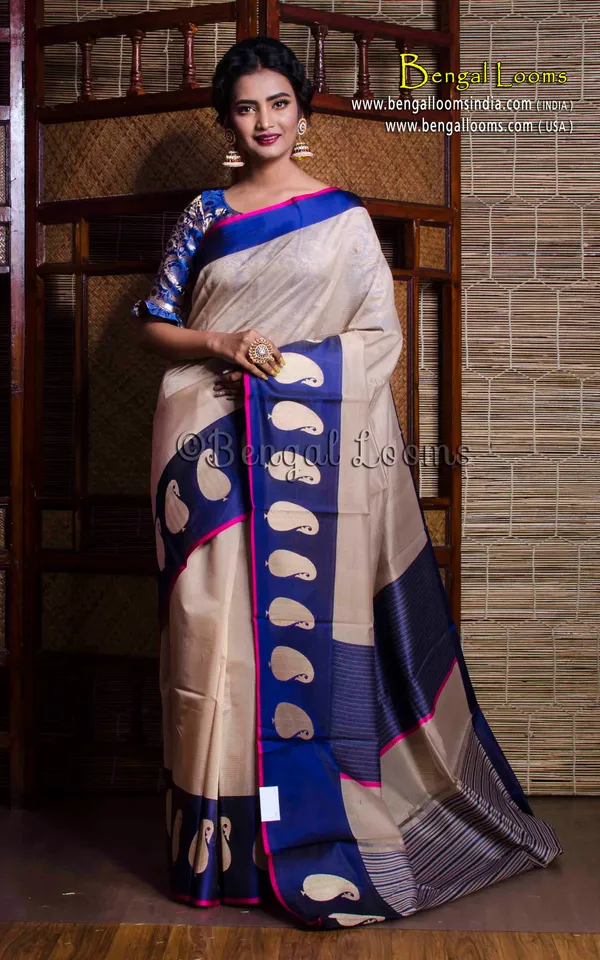 Cotton_Silk_Banarasi_Saree_With_Satin_Border_In_Beige_And_Blue