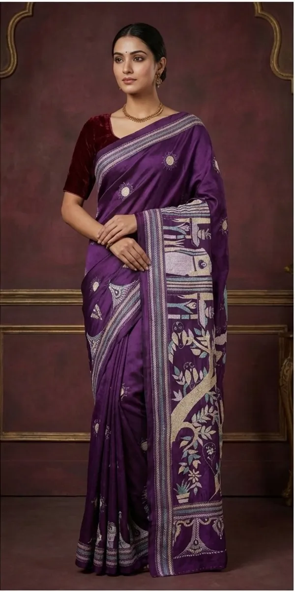 Hand_Embroidery_Kantha_Stitch_Work_Pure_Silk_Saree_In_Purple_Vanilla_Cyan_And_Off_White