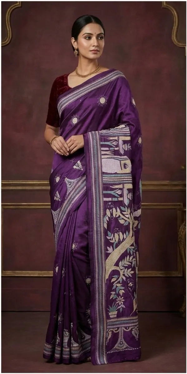 Hand_Embroidery_Kantha_Stitch_Work_Pure_Silk_Saree_In_Purple_Vanilla_Cyan_And_Off_White